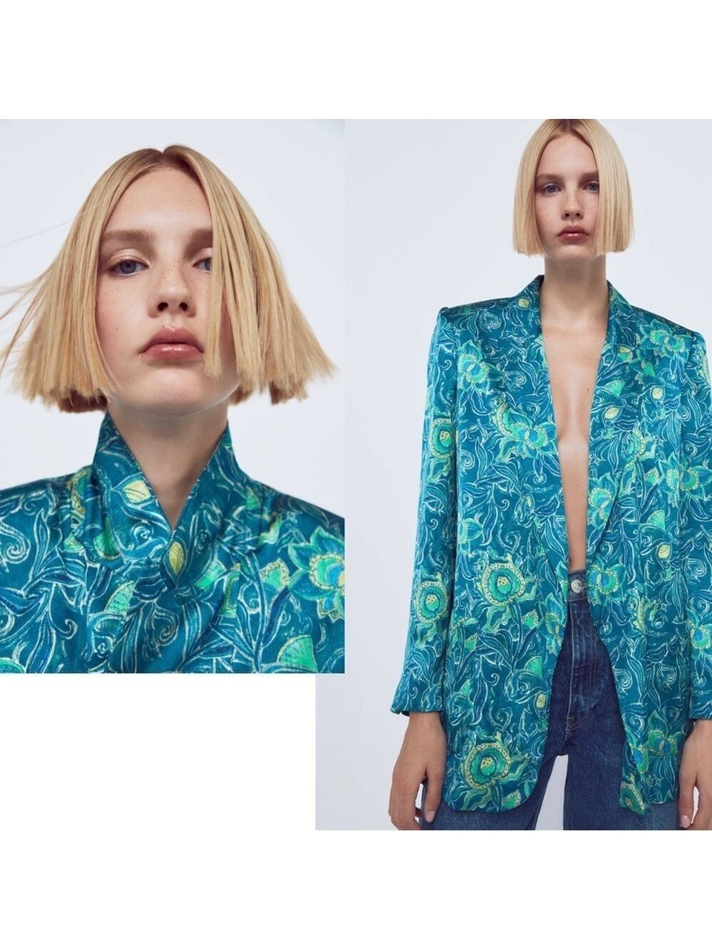 Zara blue green floral flower open front blazer jacket Sz M NWT